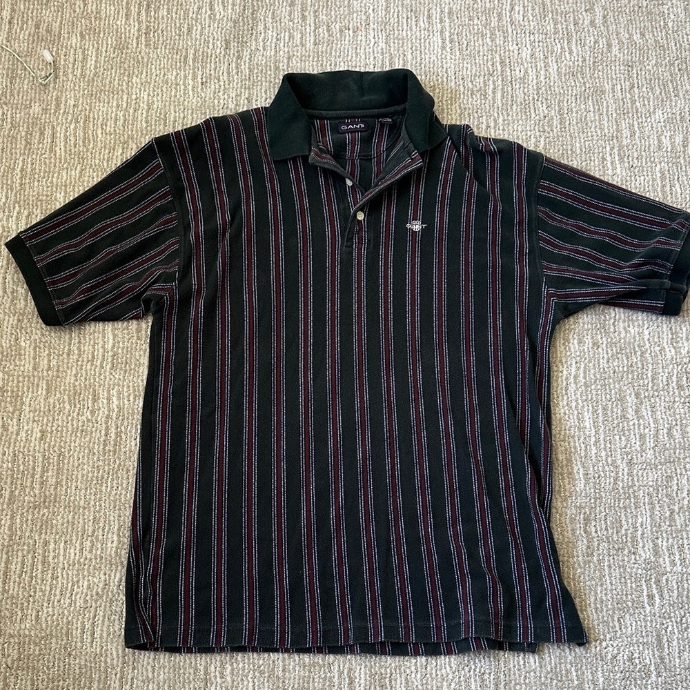 Gant Black Polo with Red and Gray Pinstripes